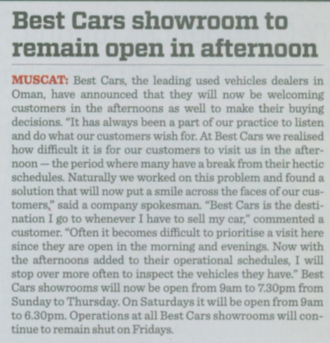 Best Cars Showroom to remain open in afternoon